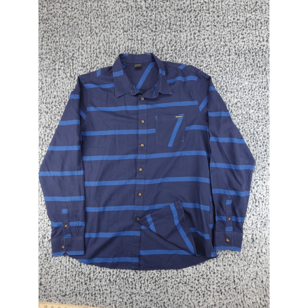 Oakley Button Down Shirt‎ Mens Large Navy Blue Good Striped Long Sleeve Cotton